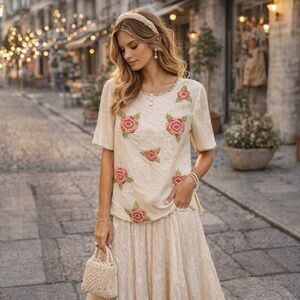 Vintage Beaded Floral Blouse Cream Silk Rose‎ Embellished Cottagecore L1